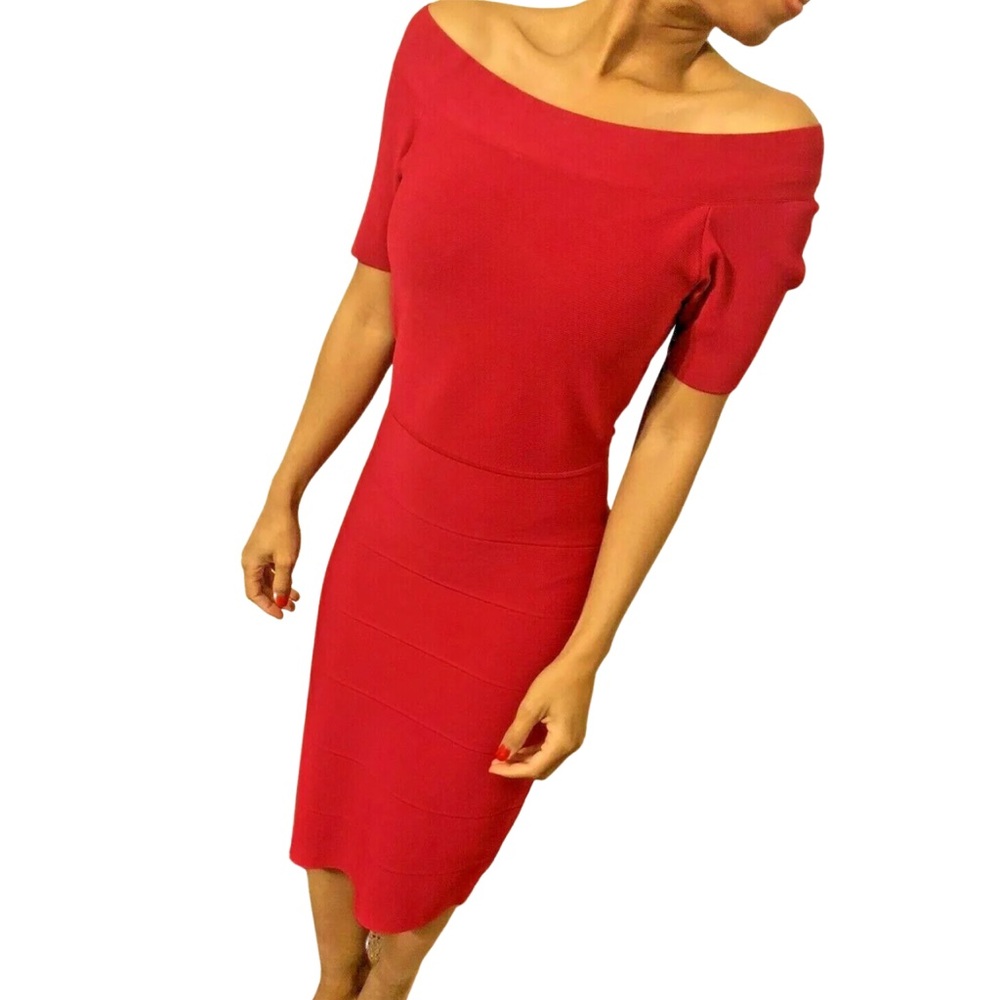 BCBG MaxAzria Red Bandeau Off The Shoulder Women's Dress Small Zip Up Mid Length